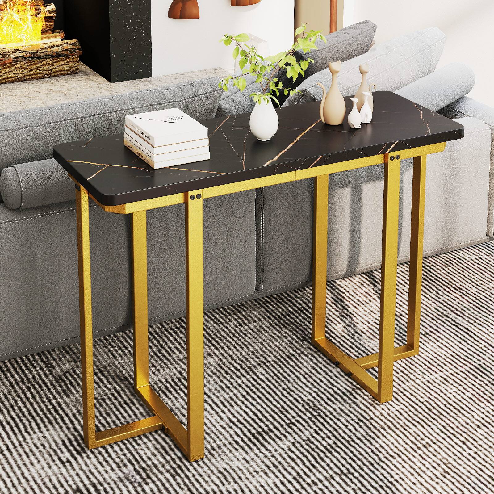 Alt View 3. Gymax - Gymax Console Table 42'' Modern Faux Marble Entryway Table w/ Geometric Metal Frame Black - Black.