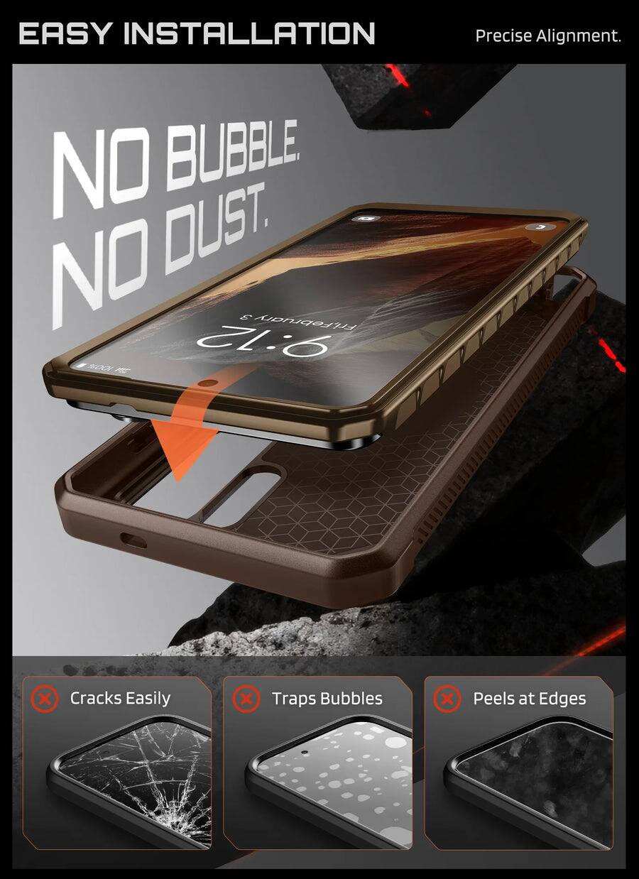 EASY INSTALLATION  
Precise Alignment.  
NO BUBBLE NO DUST.  

Cracks Easily  
Traps Bubbles  
Peels at Edges