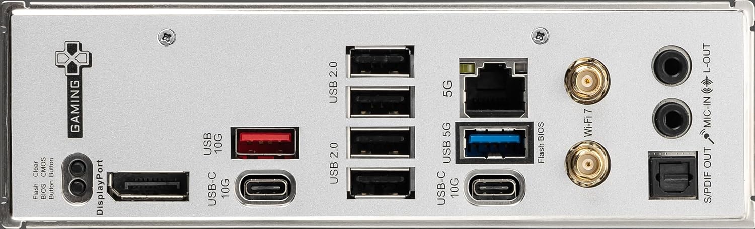 Clear CMOS Button  
Flash BIOS Button  
GAMING  
DisplayPort  
USB 10G  
USB-C 10G  
USB 2.0  
USB 5G  
USB-C 10G  
USB 5G  
Wi-Fi 7  
L-OUT  
MIC-IN  
OUT  
S/PDIF