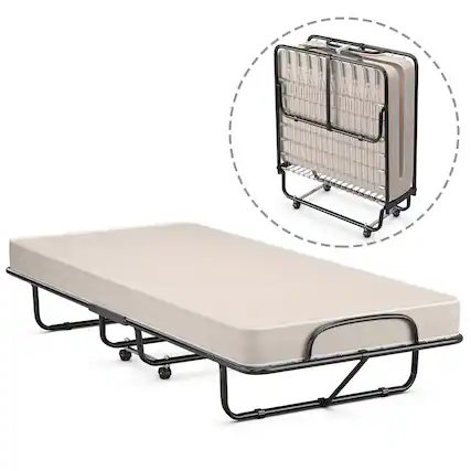 Front. Costway - Costway Folding Bed with Memory Foam Mattress Portable Rollaway Guest Cot Memory Foam Made in Italy - Beige.
