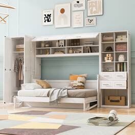 Anysun - Full Size Murphy Bed Wall Bed with Closet , Drawers and Shelves - White