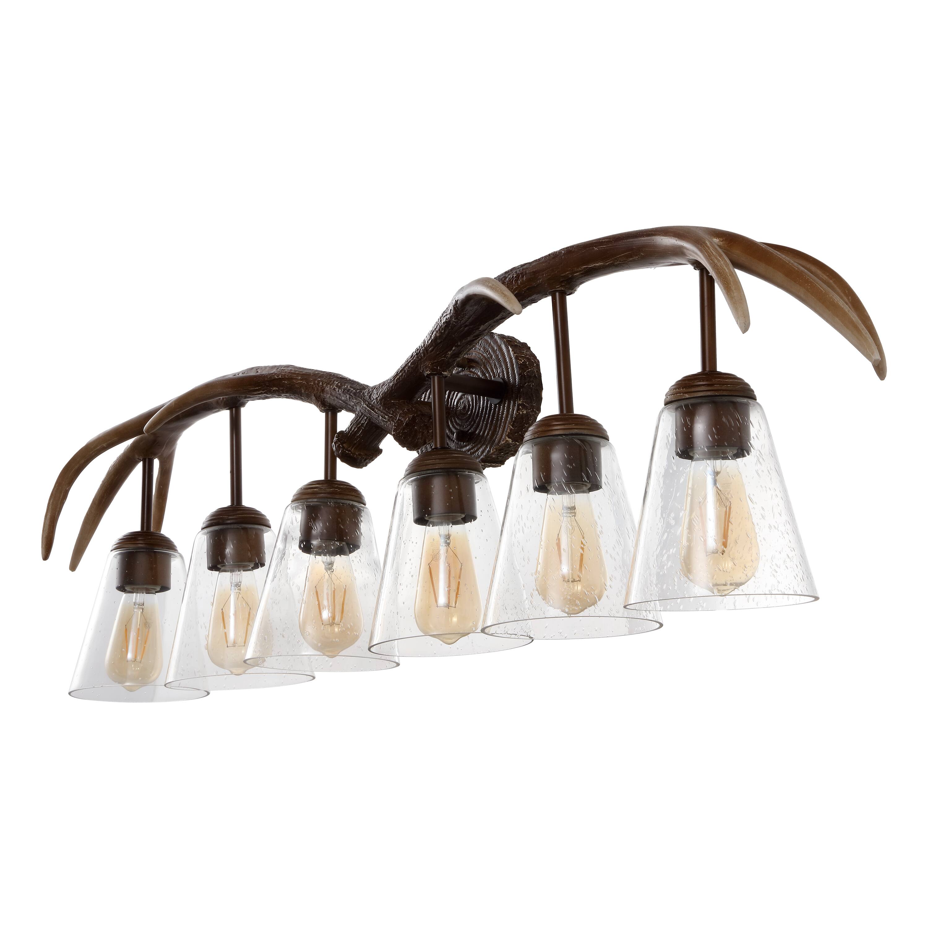 Alt View 6. Jonathan Y - Wyatt 45" 6-Light Southwestern Bohemian Resin/Seeded Glass Faux Antler LED Vanity Light, Brown Wood Finish - Brown Wood Finish.