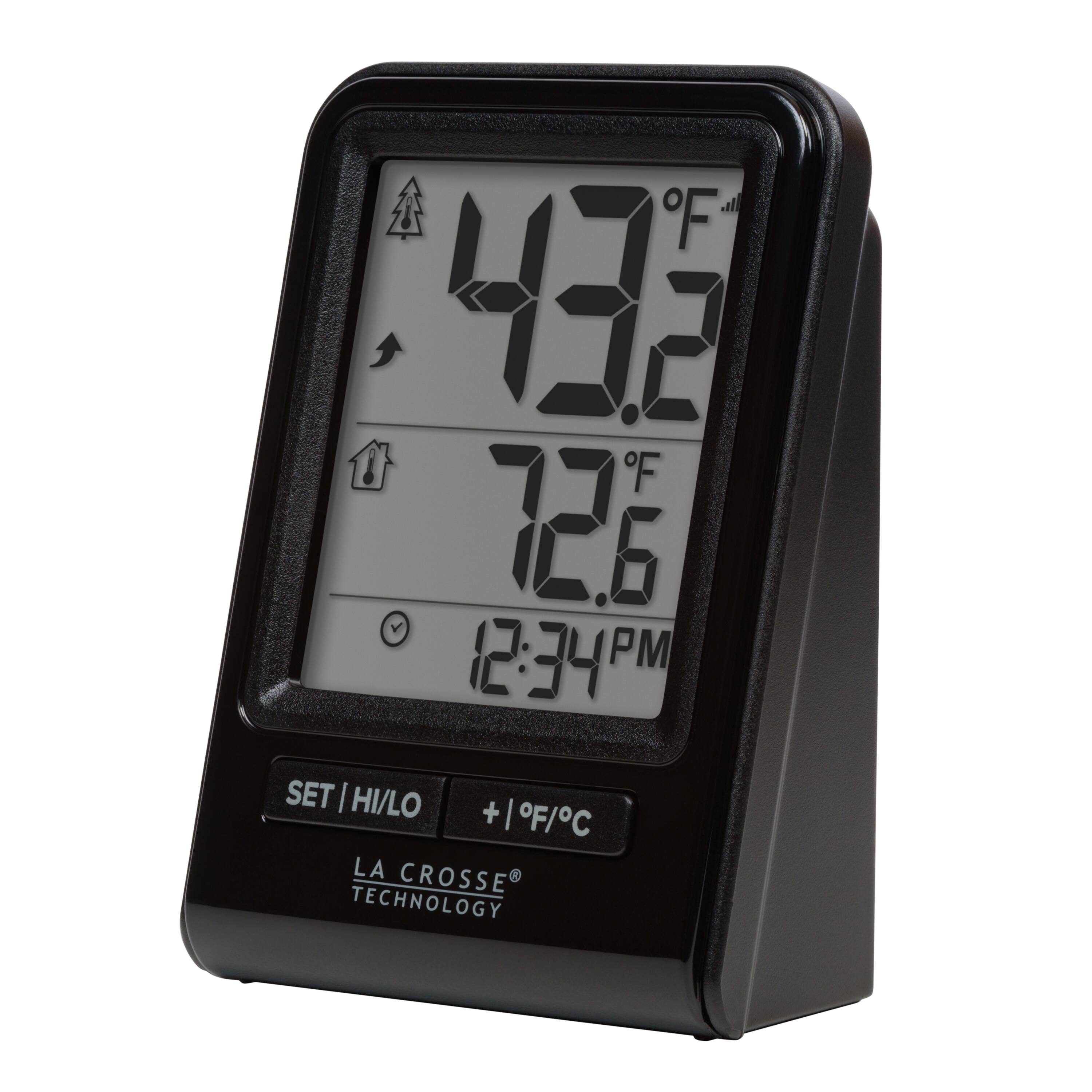 Sure, here is the corrected and grouped text from the image:

- **Temperature:** 43.2°F
- **Humidity:** 72.6%
- **Time:** 12:34 PM
- **Buttons:**
  - SET
  - HI/LO
  - +/°F/°C
- **Brand:** LA CROSSE TECHNOLOGY