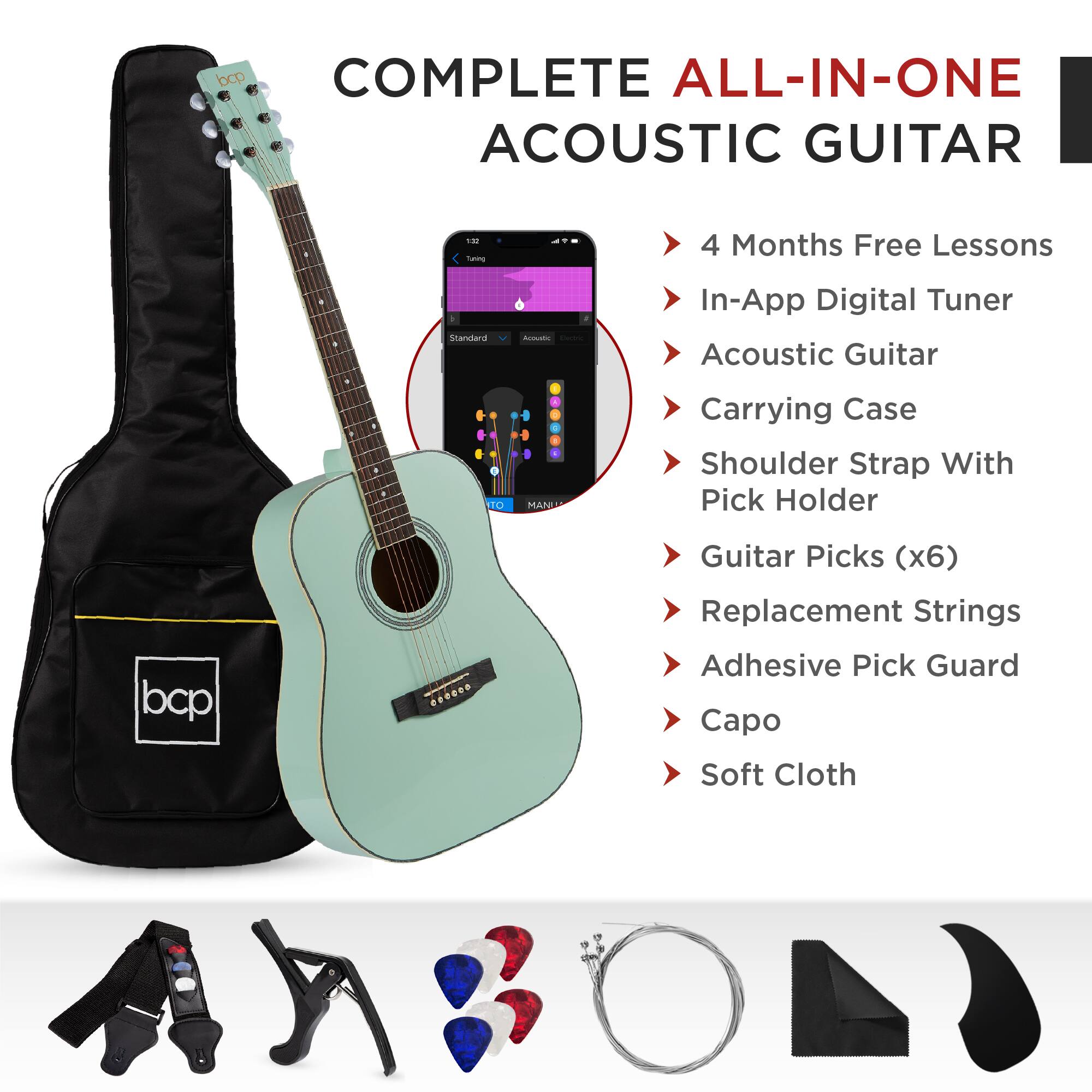 COMPLETE ALL-IN-ONE ACOUSTIC GUITAR

- 4 Months Free Lessons
- In-App Digital Tuner
- Acoustic Guitar
- Carrying Case
- Shoulder Strap With Pick Holder
- Guitar Picks (x6)
- Replacement Strings
- Adhesive Pick Guard
- Capo
- Soft Cloth