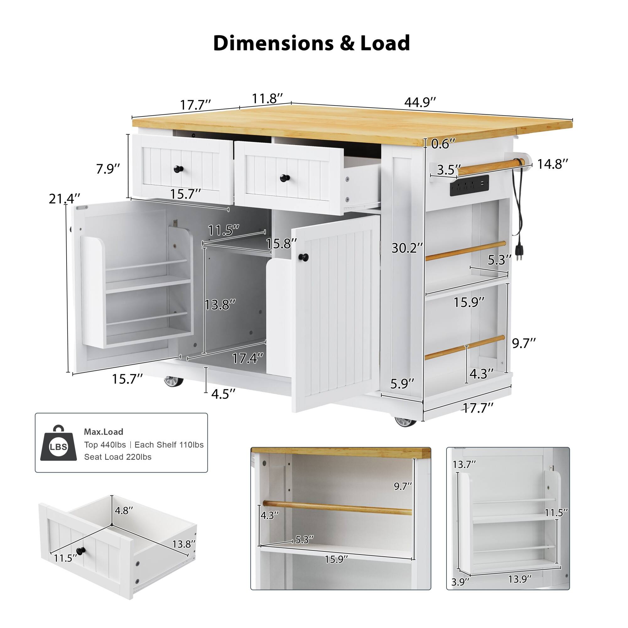 Dimensions & Load

- Top: 44.9" W x 17.7" D x 11.8" H
- Cabinet: 21.4" W x 15.7" D x 7.9" H
- Drawer: 15.7" W x 11.5" D x 3.5" H
- Shelf: 30.2" W x 15.9" D x 5.3" H
- Bottom Shelf: 15.9" W x 13.8" D x 4.3" H
- Bottom Drawer: 11.5" W x 13.8" D x 4.8" H
- Bottom Shelf: 15.9" W x 13.9" D x 3.9" H
- Bottom Drawer: 11.5" W x 13.8" D x 4.3" H
- Bottom Shelf: 15.9" W x 13.9" D x 3.9" H
- Bottom Drawer: 11.5" W x