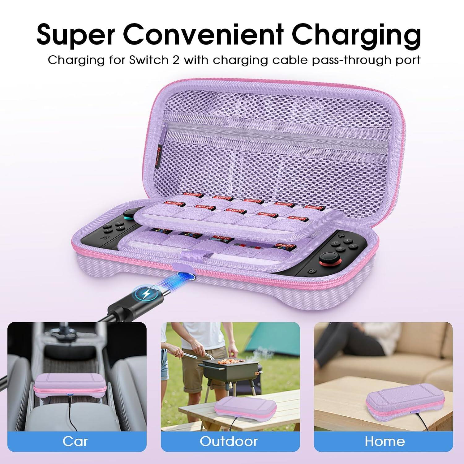 Super Convenient Charging  
Charging for Switch 2 with charging cable pass-through port  

Minutes  
Storol  
X 8  
Car  
Outdoor  
Home