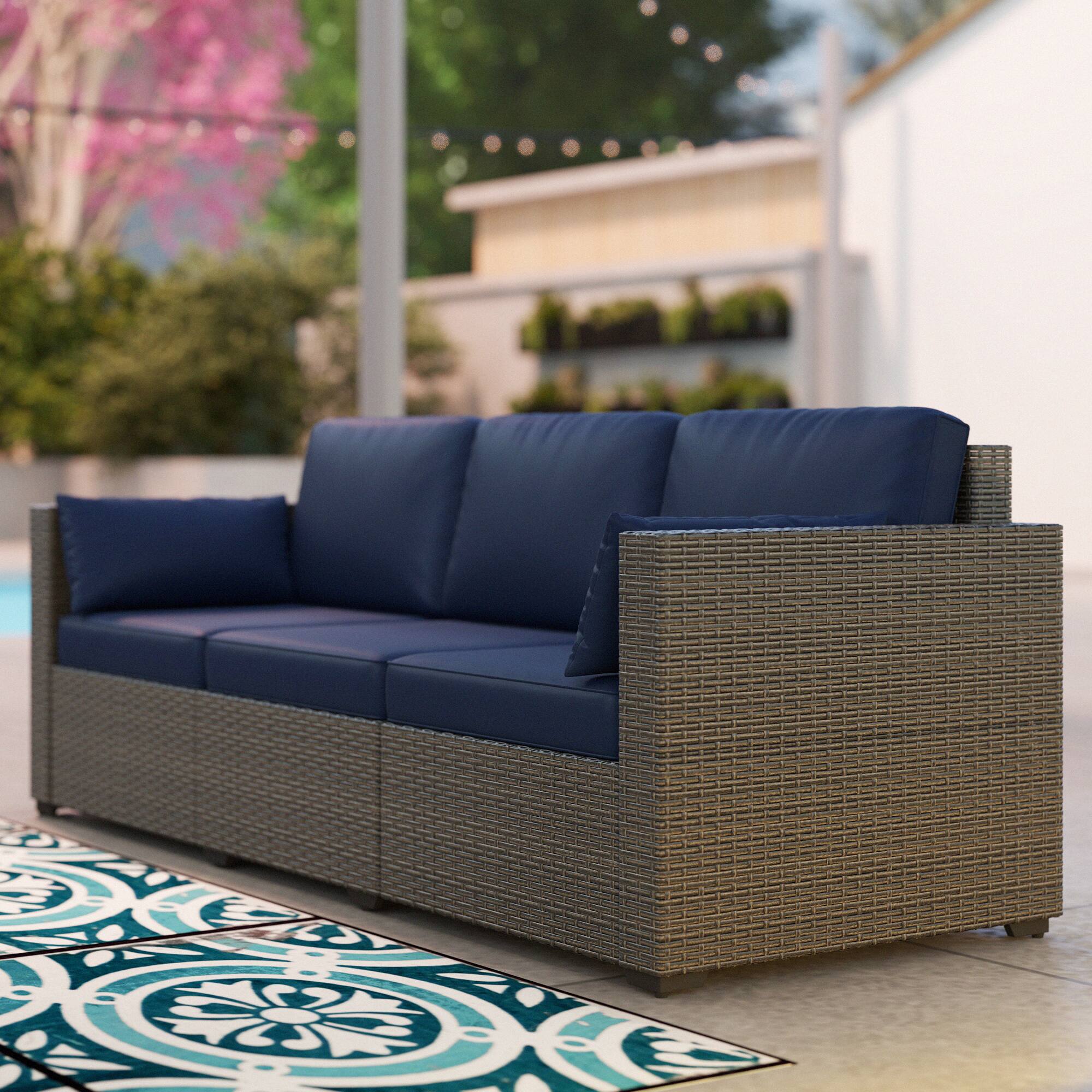 Alt View 8. Outsunny - Patio Couch PE Wicker Deep Seating Outdoor Sofa with Removable Cushions, 3 Seater Rattan Sofa, Outdoor Furniture - Navy Blue.