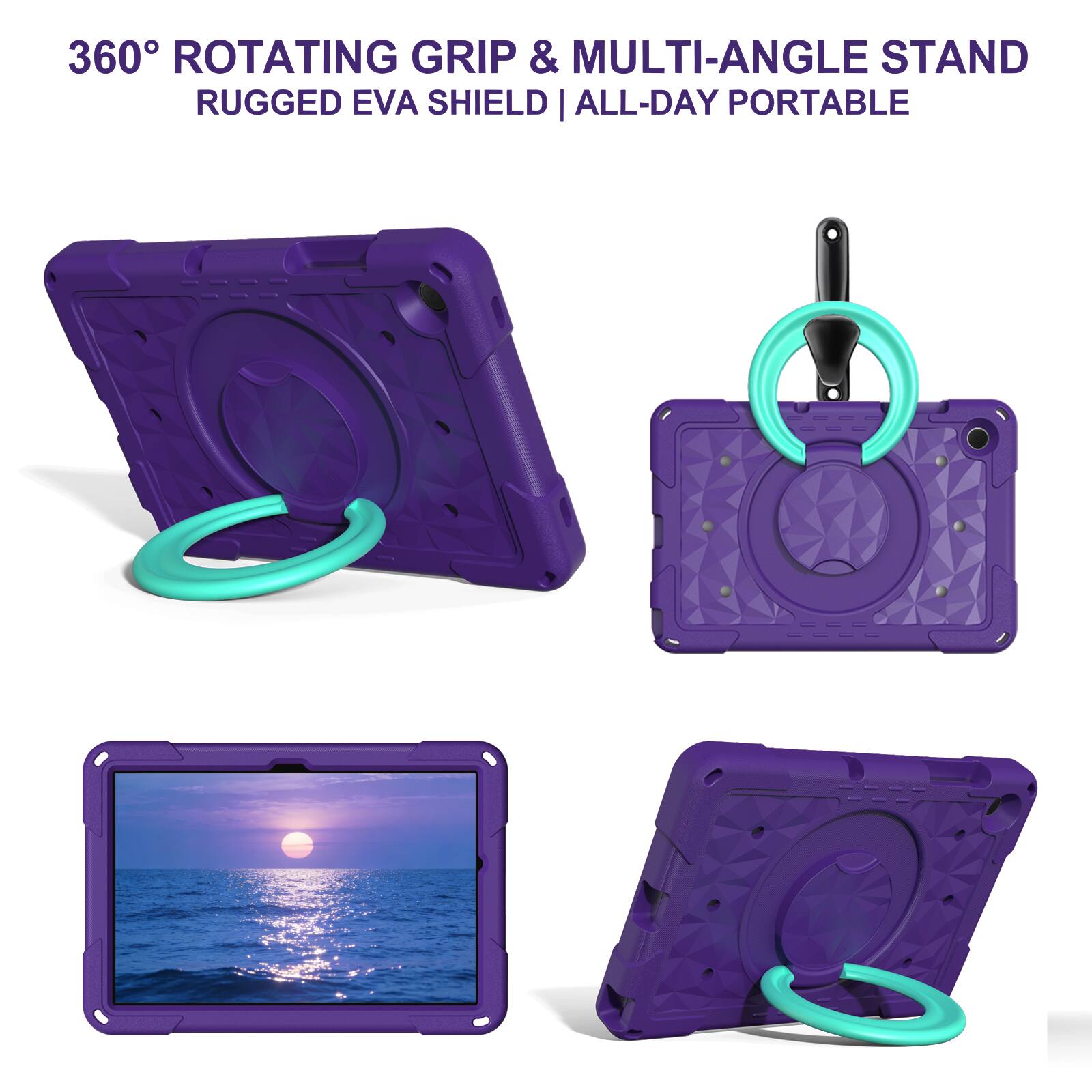 360° ROTATING GRIP & MULTI-ANGLE STAND  
RUGGED EVA SHIELD | ALL-DAY PORTABLE