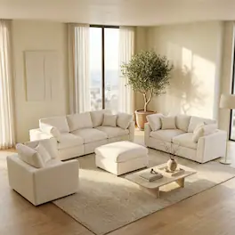 Loheer - 4-Piece Modular Sofa Set Chenille Deep Seat Living Room Couch with Ottoman - Beige