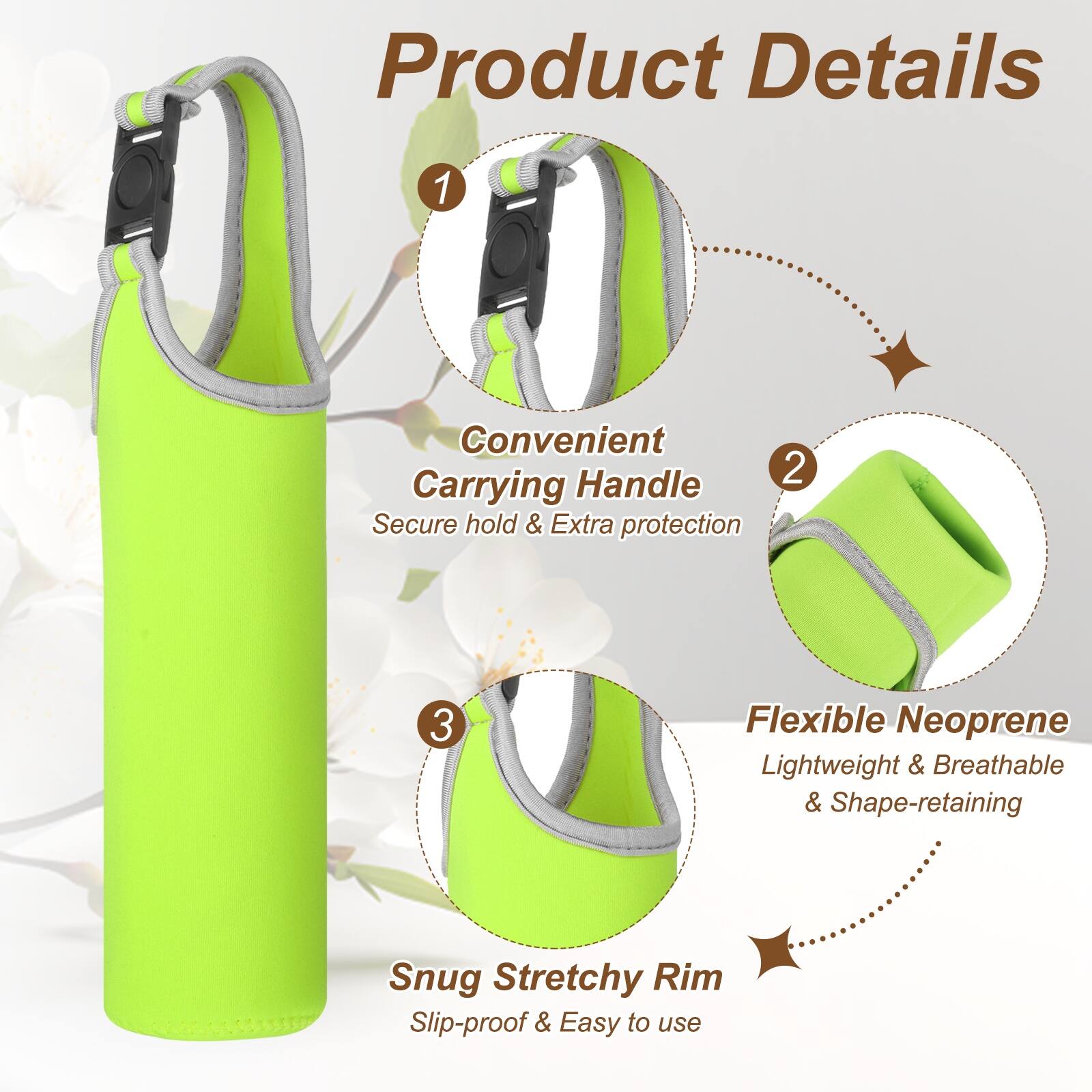 Product Details

1. Convenient Carrying Handle
   - Secure hold & Extra protection

2. Flexible Neoprene
   - Lightweight & Breathable & Shape-retaining

3. Snug Stretchy Rim
   - Slip-proof & Easy to use