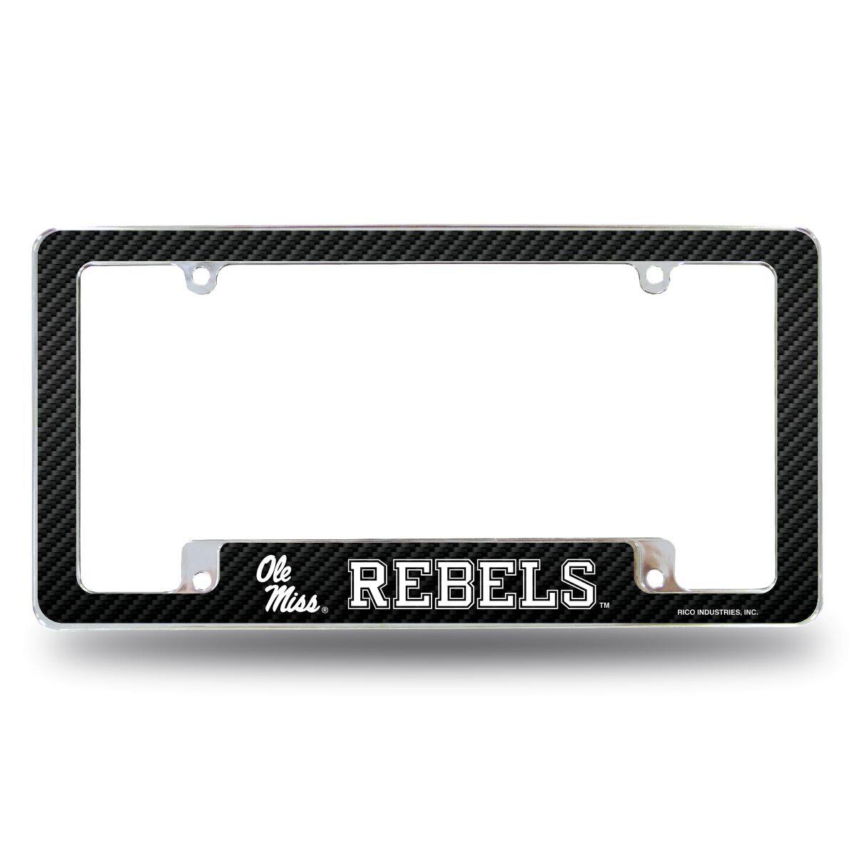 Mississippi Ole Miss Rebels Chrome Metal License Plate Frame with Carbon Fiber Design