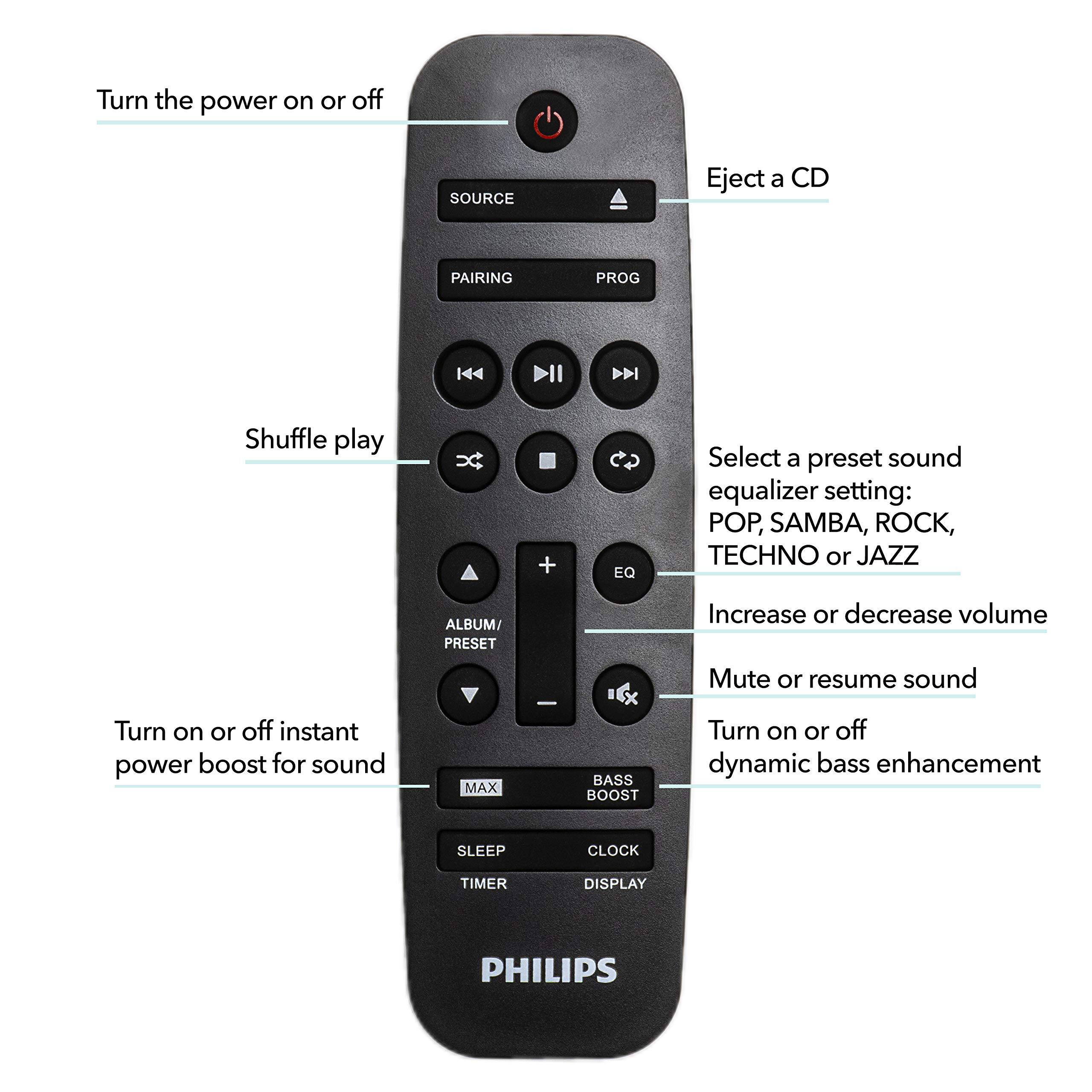 Turn the power on or off  
Eject a CD  
Shuffle play  
Select a preset sound equalizer setting: POP, SAMBA, ROCK, TECHNO or JAZZ  
Increase or decrease volume  
Mute or resume sound  
Turn on or off dynamic bass enhancement  
Turn on or off instant power boost for sound  
ALBUM/ PRESET  
MAX - BASS BOOST  
SLEEP CLOCK TIMER DISPLAY  
PHILIPS