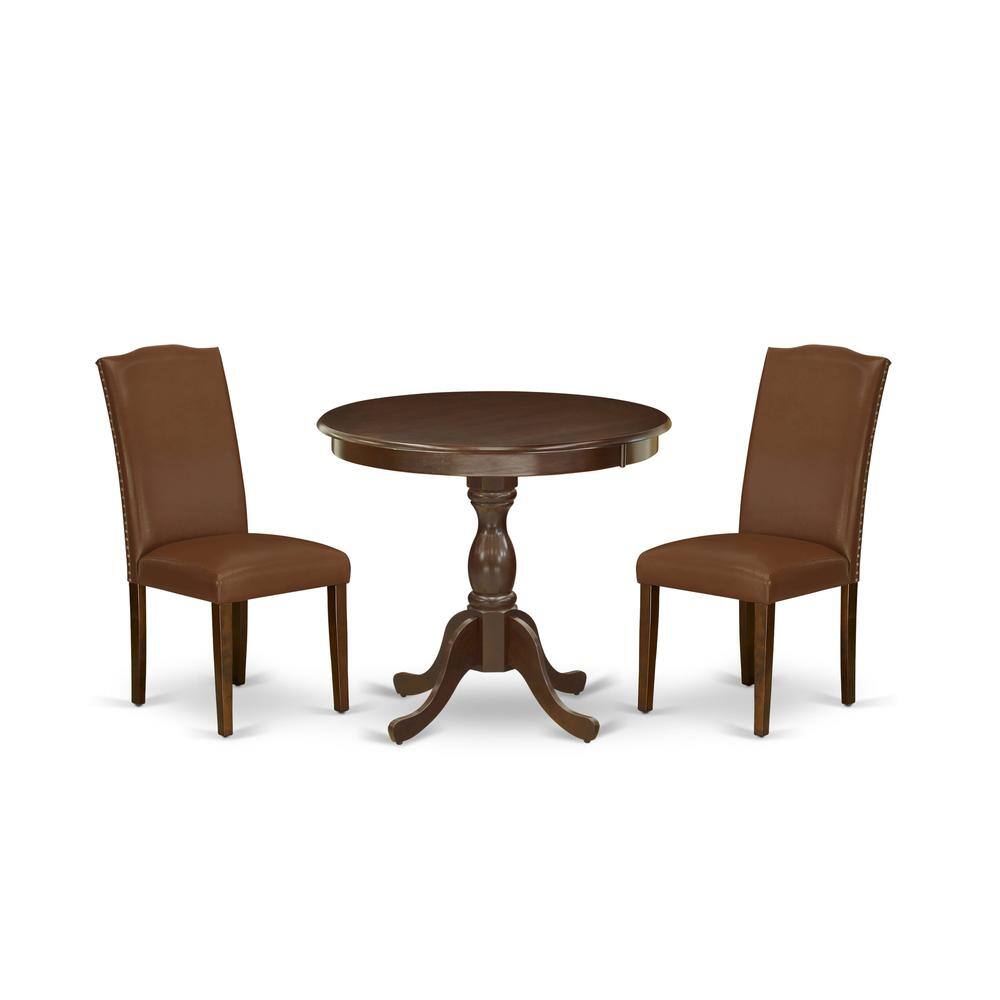 Alt View 3. East West Furniture - AMEN3-MAH-66 3 Piece DINETTE SET - 1 Wooden Dining Table and 2 Brown Upholstered Chairs - Mahogany Finish - Mahogany.