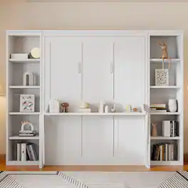 Anysun - Queen Size Space-Saving Foldable Murphy Bed with Desk and Bookshelf – Solid Pine Wood Construction, No Box Spring Needed - White