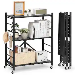 VEVOR - 3-Tier Foldable Storage Shelf, 28Wx13Dx36H Inch Folding Metal Rack Shelving Unit, Heavy Duty No Assembly Organizer Shelf - Black