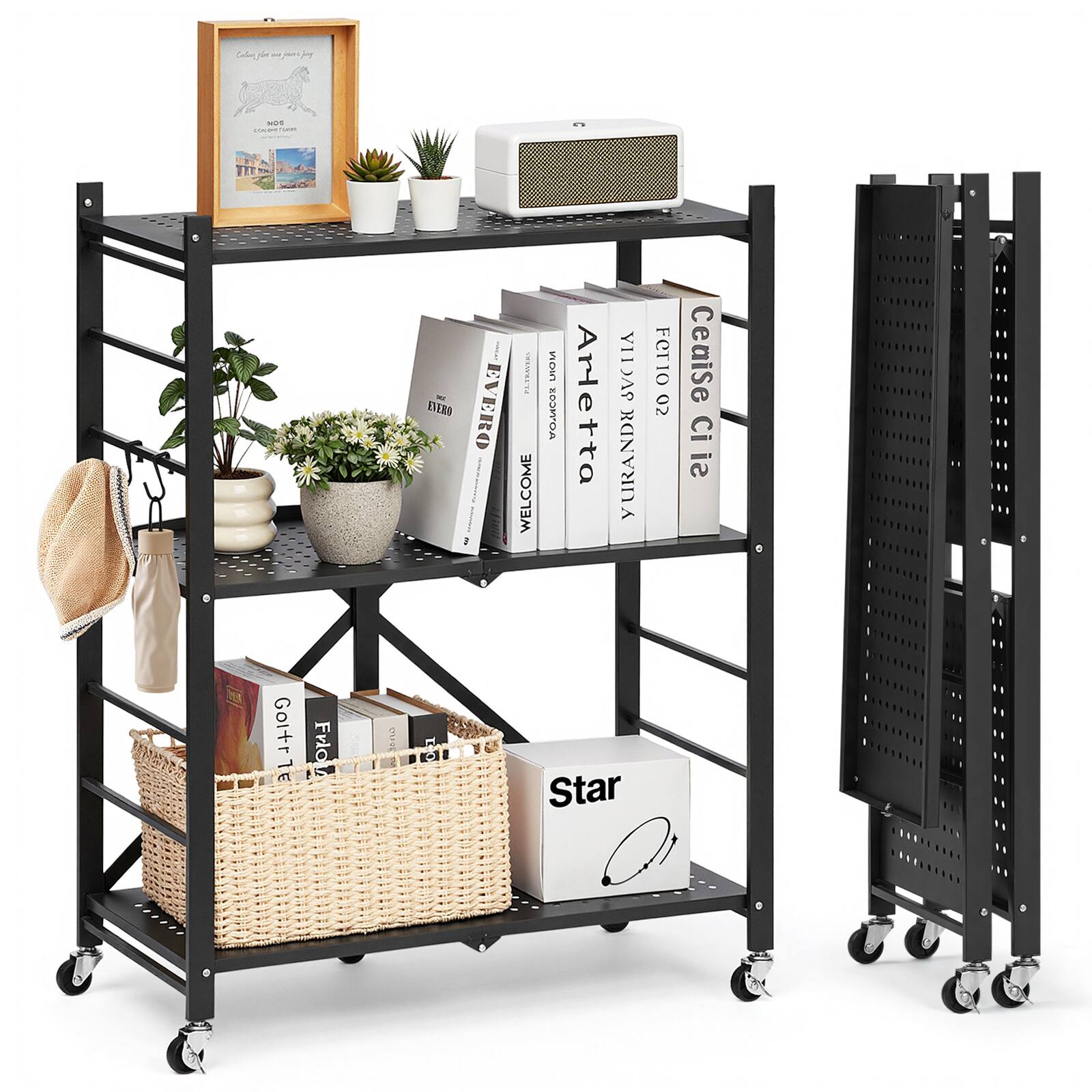 VEVOR - 3-Tier Foldable Storage Shelf, 28Wx13Dx36H Inch Folding Metal Rack Shelving Unit, Heavy Duty No Assembly Organizer Shelf - Black
