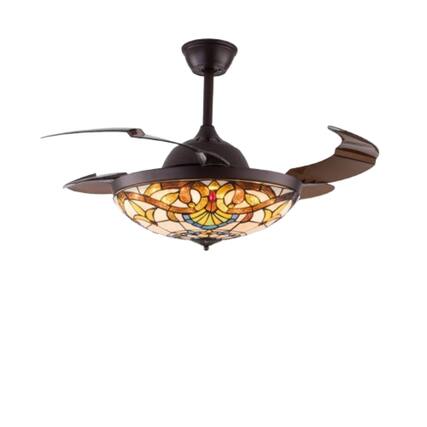 Front. Home Collection - 42" Tiffany Style Retractable Ceiling Fan Light with Remote, Stained Glass LED Chandelier.