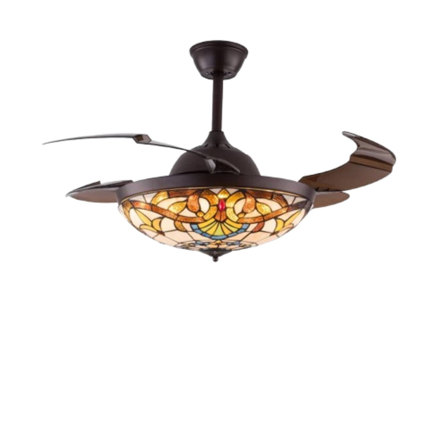 Front. Home Collection - 42" Tiffany Style Retractable Ceiling Fan Light with Remote, Stained Glass LED Chandelier.