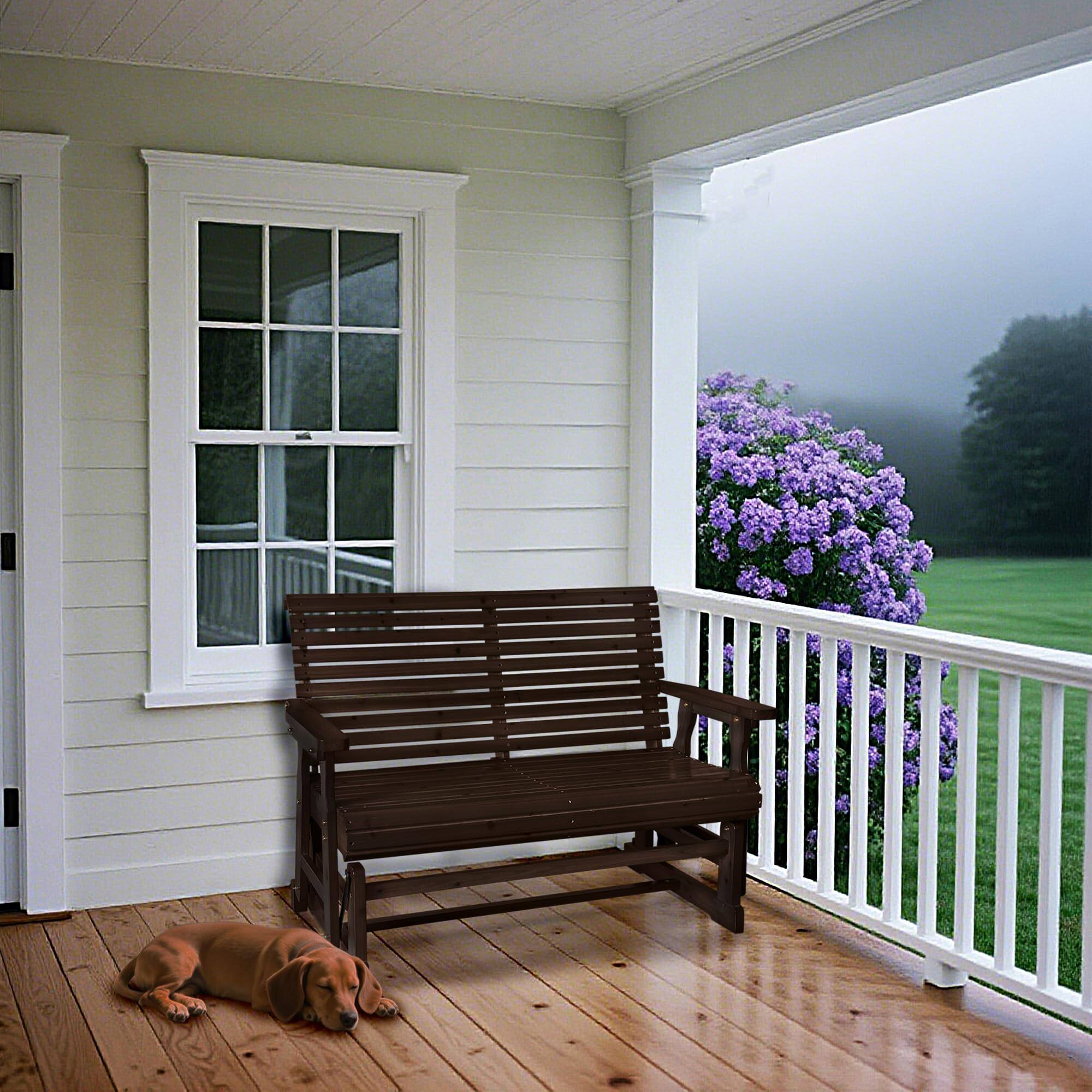 Alt View 1. Fortune Candy - Wooden Patio Glider with High Roll Back and Deep Contoured Seat, Solid Fir Wood, 2-Seater, Heavy Duty 800 LBS, 4 Ft - Deep Brown.