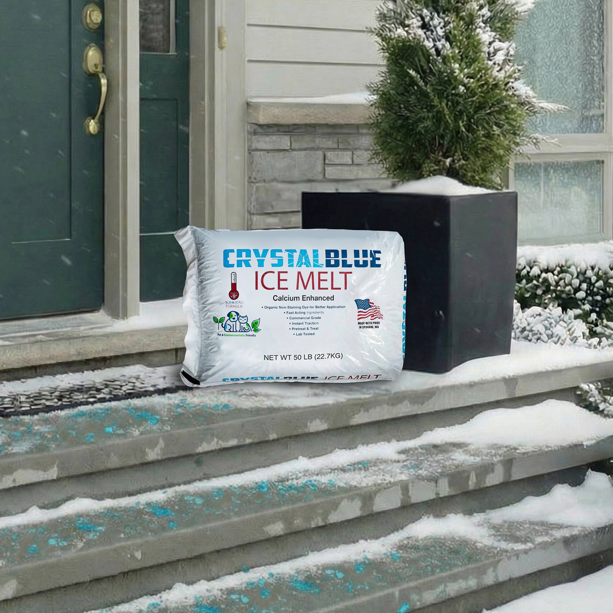 CRYSTAL BLUE ICE MELT Calcium Enhanced  
NET WT 50 LB (22.7KG)
