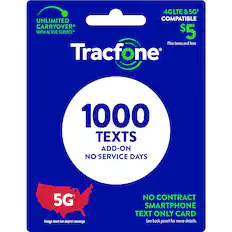 Tracfone offers a 1000 Texts Add-On with no service days for $5. This add-on is compatible with 4G LTE and 5G+ networks, and it can be used with an active service. The package includes unlimited texting and 5G coverage, making it a great option for those who want to stay connected without a contract or a physical SIM card. The image on the package shows the United States, indicating that the service is available nationwide. For more details, please refer to the back panel of the package.