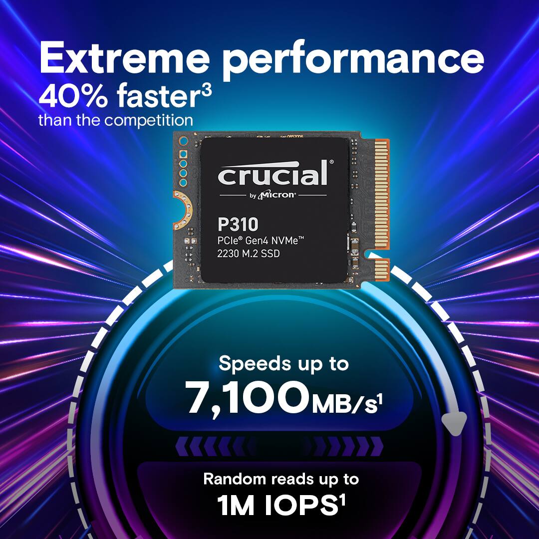 Extreme performance 40% faster than the competition. Crucial by Micron P310 PCle Gen4 NVMe T 2230 M.2 SSD. Speeds up to 7,100MB/s. Random reads up to 1M IOPS.