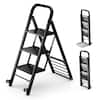 Front. Costway - 2-in-1 Ladder and Hand Truck Combo Collapsible 3-Step Ladder with Wheels - Black.