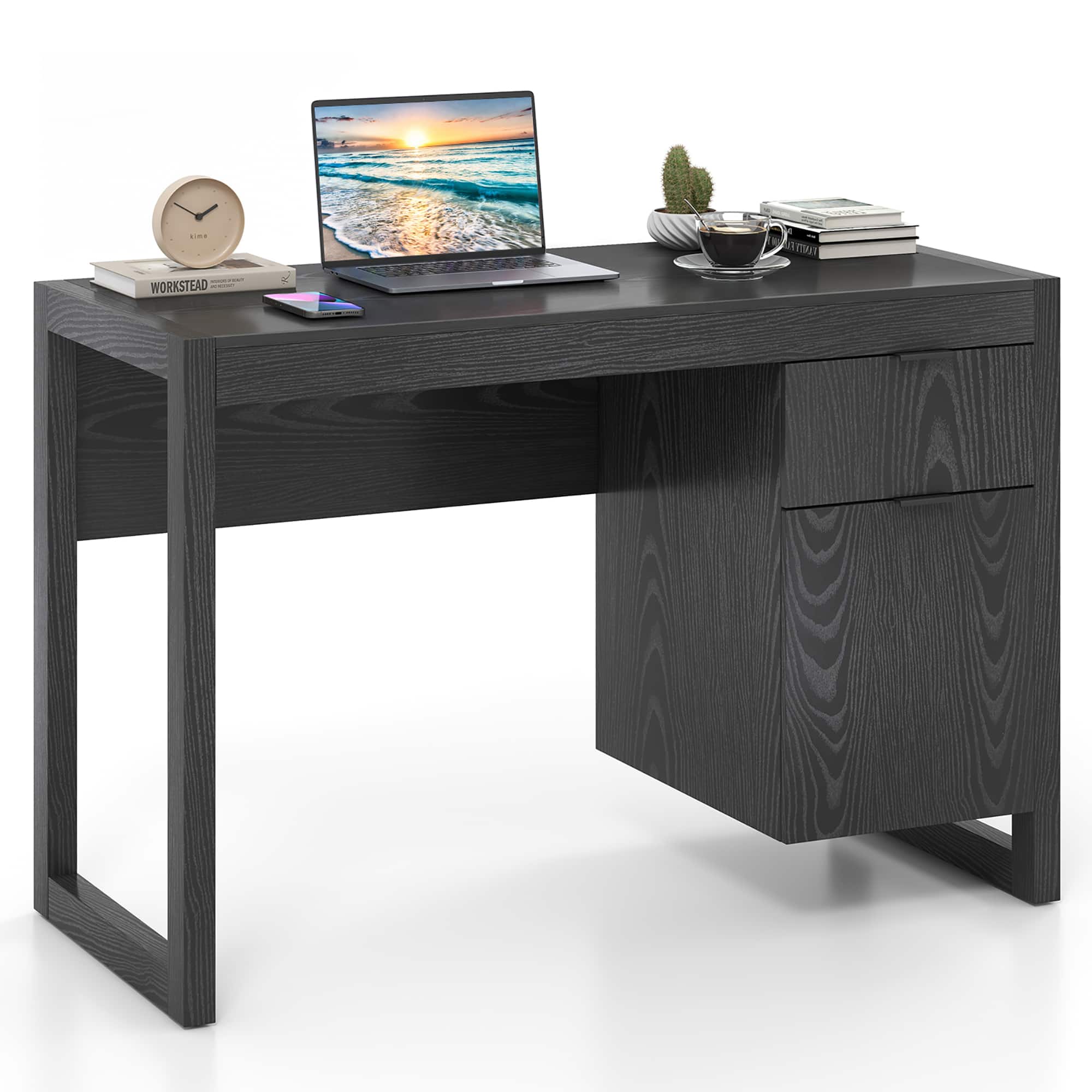 Gymax - Computer Desk w/ Storage Cabinet Pull-out Drawer Stable Thick Legs for Bedroom - Black
