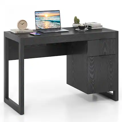Front. Gymax - Gymax Computer Desk w/ Storage Cabinet Pull-out Drawer Stable Thick Legs for Bedroom Black - Black.