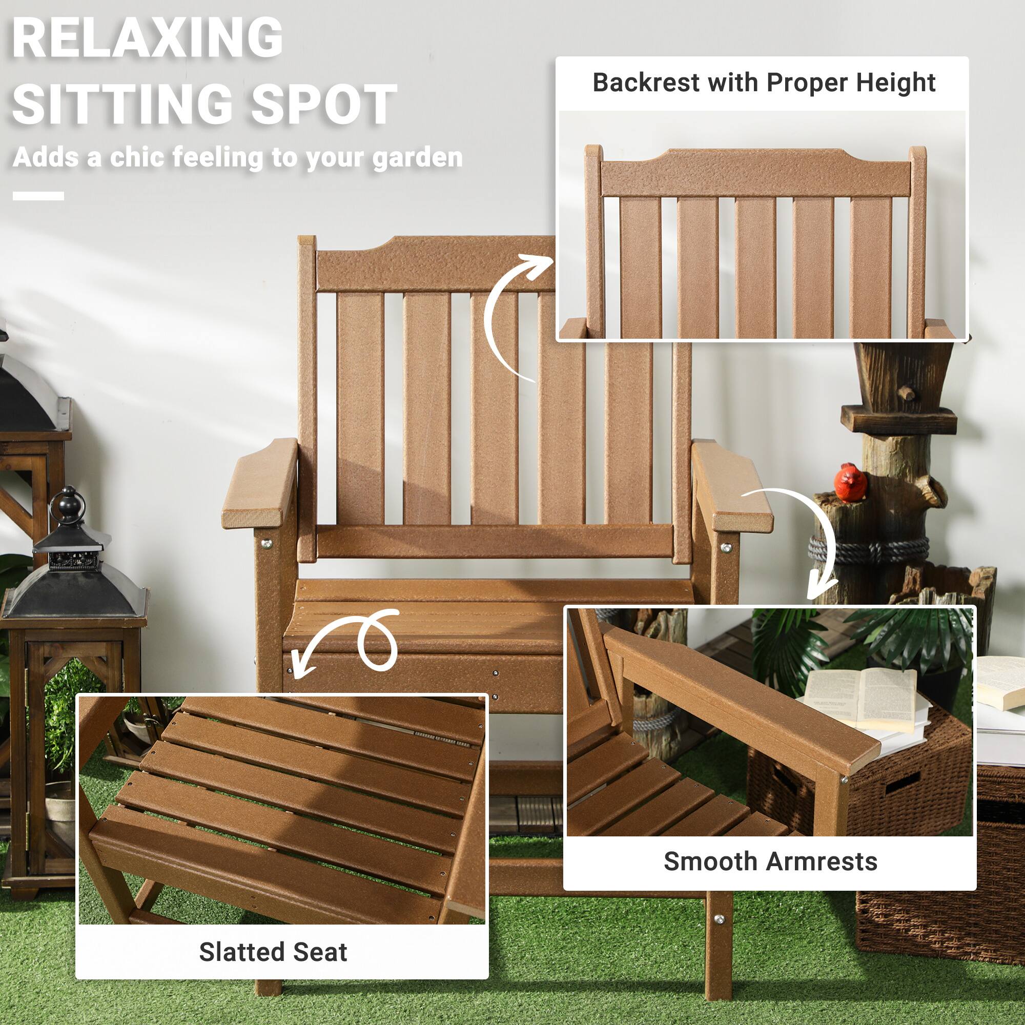 RELAXING SITTING SPOT
Adds a chic feeling to your garden
Backrest with Proper Height
Smooth Armrests
Slatted Seat