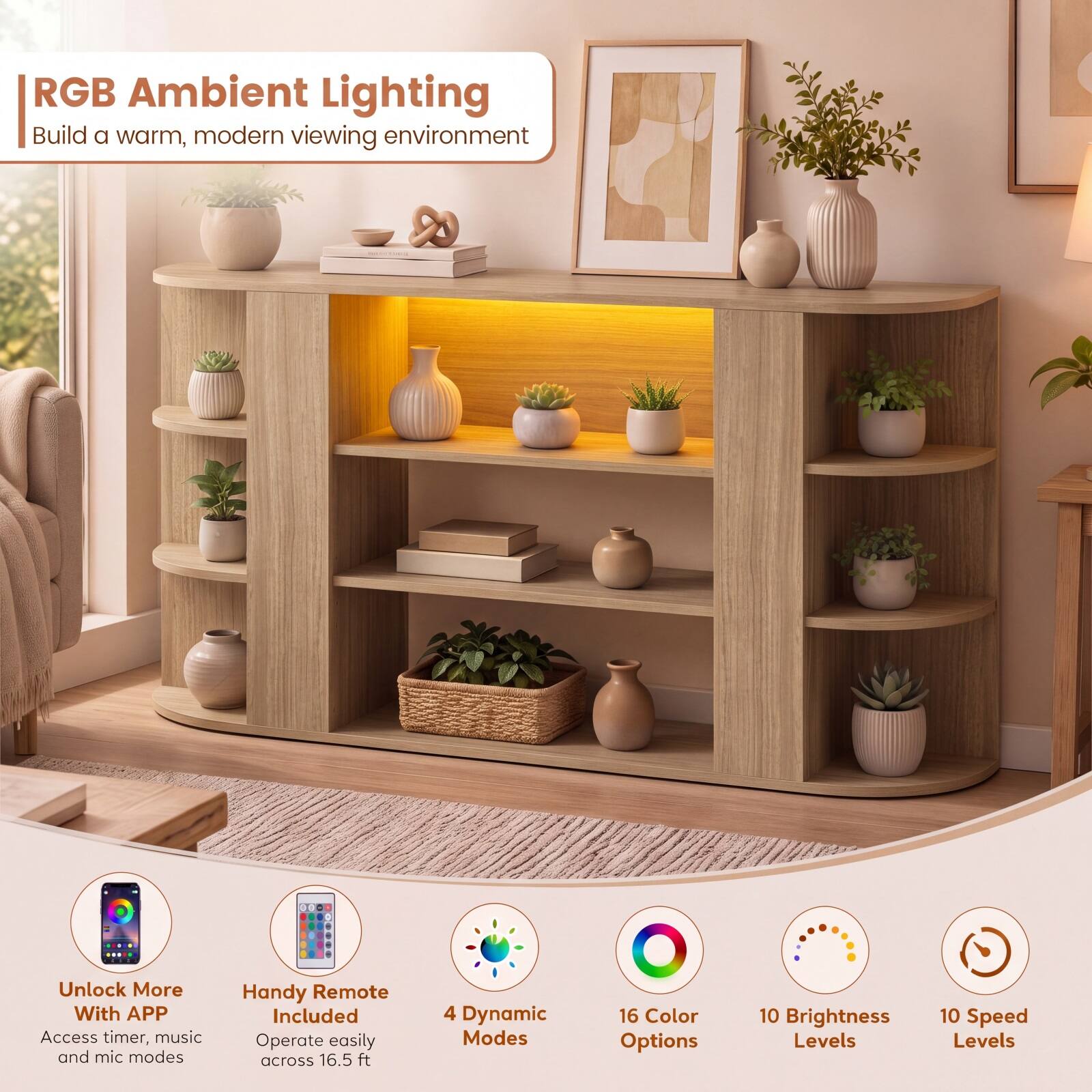 RGB Ambient Lighting  
Build a warm, modern viewing environment

Unlock More With APP  
Access timer, music and mic modes

Handy Remote Included  
Operate easily across 16.5 ft

4 Dynamic Modes  
16 Color Options  
10 Brightness Levels  
10 Speed Levels