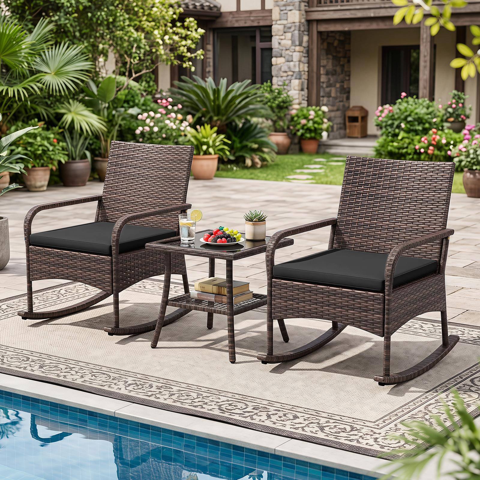 Alt View 3. Costway - Costway 3PCS PE Wicker Rocking Bistro Set with 2-Tier Side Table, Cushions & Armchairs - Mix Brown+Black.