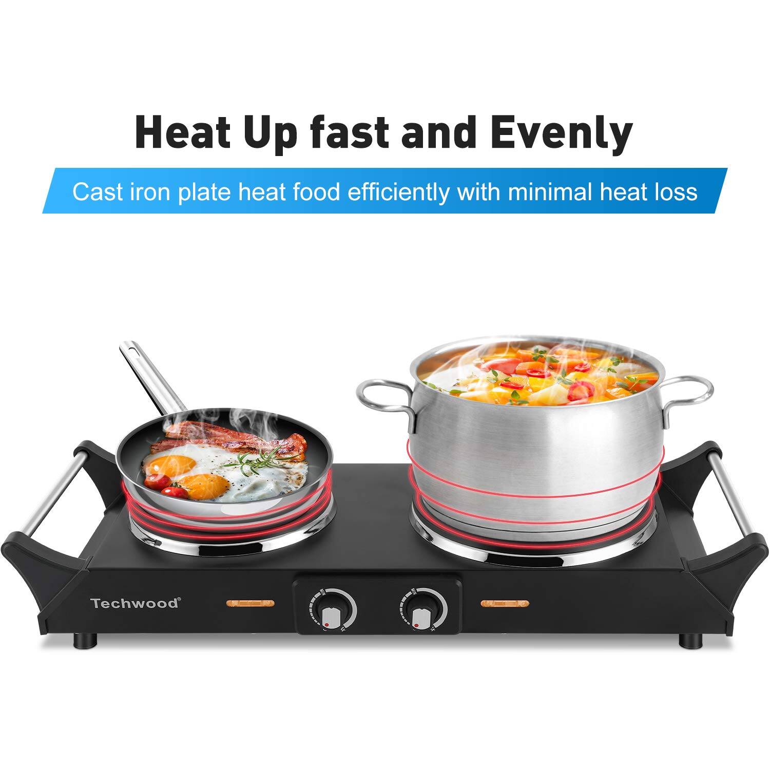 Heat Up fast and Evenly  
Cast iron plate heat food efficiently with minimal heat loss  
Techwood