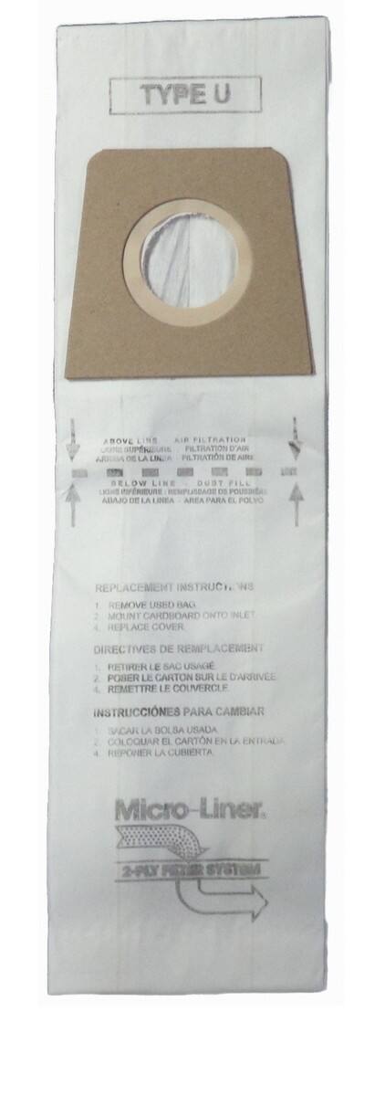 **TYPE U**

**ABOVE LINE**  
- AIR FILTRATION  
- FILTRATION D'AIR  
- FILTRATION DE AIRE  

**BELOW LINE**  
- DUST FILL  
- REMPLISSAGE DE POUSSE  
- AREA PARA EL POLVO  

**REPLACEMENT INSTRUCTIONS**  
1. REMOVE USED BAG  
2. MOUNT CARDBOARD ONTO INLET  
3. REPLACE COVER  

**DIRECTIVES DE REMPLACEMENT**  
1. RETIRER LE SAC USAGE  
2. POSER LE CARTON SUR LE D'ARRIVEE  
3. REMETTRE LE COUVERCLE  

**INSTRUCCIONES PARA CAMBIAR**  
1. SACA LA BOLSA USADA  
2. COLOQUAR EL CARTON EN LA ENTRADA  
3. REPODER LA CUBIERTA  

**Micro-Liner**  
**2-PAY FILTER SYSTEM**