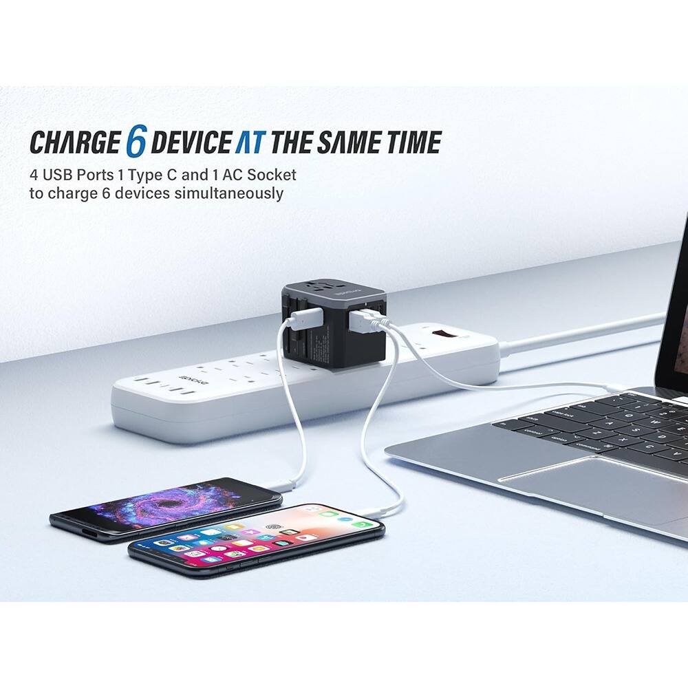 CHARGE 6 DEVICE AT THE SAME TIME  
4 USB Ports 1 Type C and 1 AC Socket to charge 6 devices simultaneously
