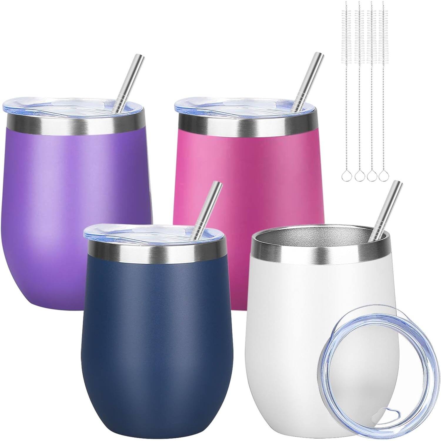 Front. PARKER SLATER - 4-pack 12oz stemless stainless steel wine tumblers with lids, double wall insulated, for hot or cold drinks. - Multicolor.