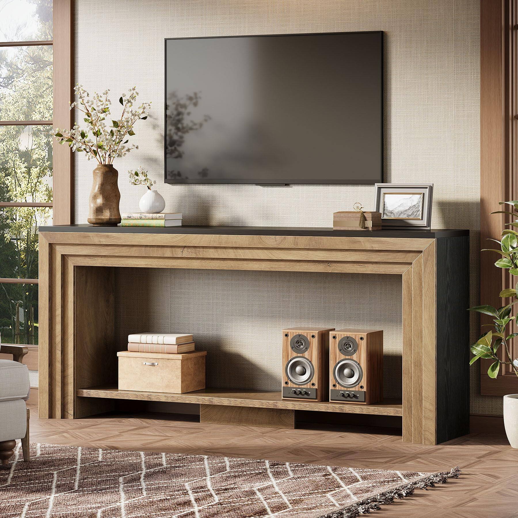 Back. Tribesigns - 70.9 Inch Narrow Console Table, Farmhouse 2-Tier Wooden Sofa Table with Storage, Space-Saving Behind Couch Accent Table - Natural & Black.