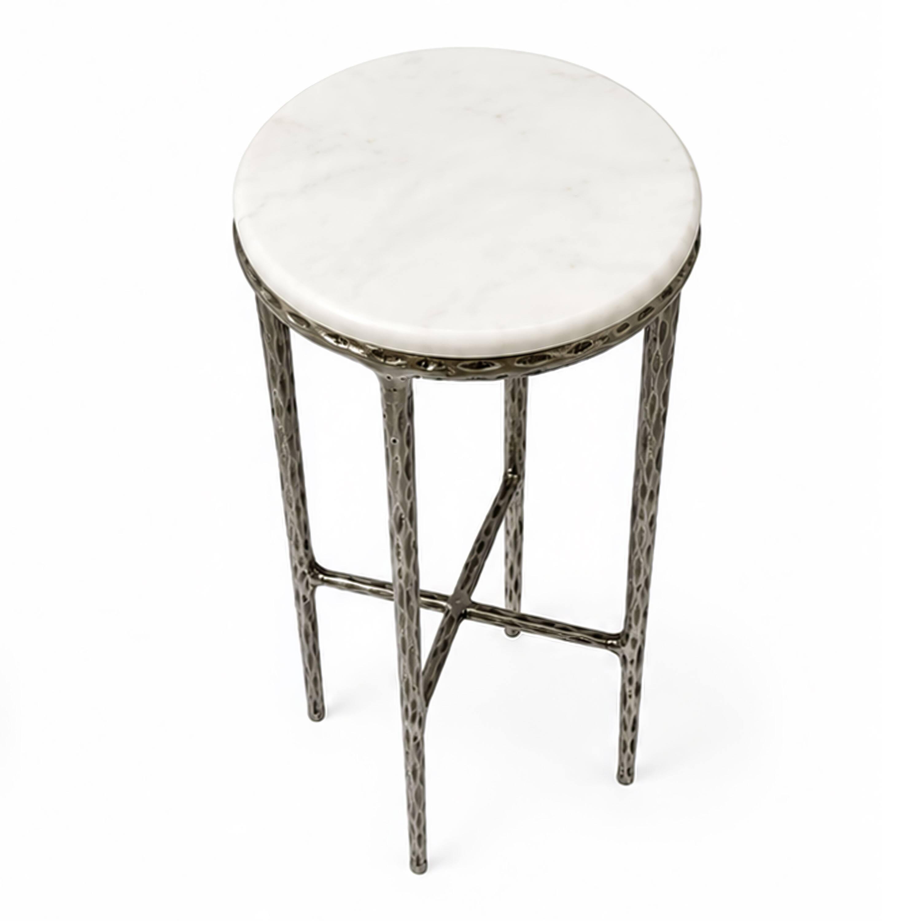 Alt View 1. Manhattan Lane - Minza Accent Side End Table, Modern White Marble Round Top, Hand Forged, Hammered Antique Nickel Finish, 24 Inch - Silver, White.