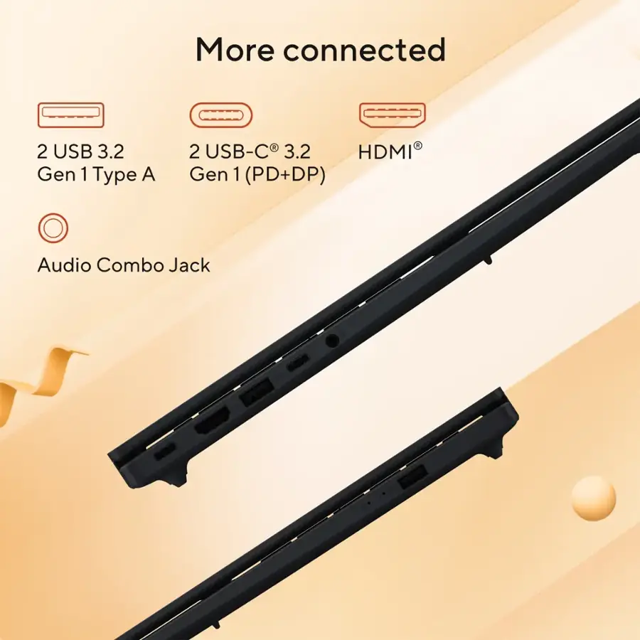 More connected 2 USB 3.2 Gen 1 Type A 1 HDMI 2 USB-C 3.2 Gen 1 (PD+DP) Audio Combo Jack