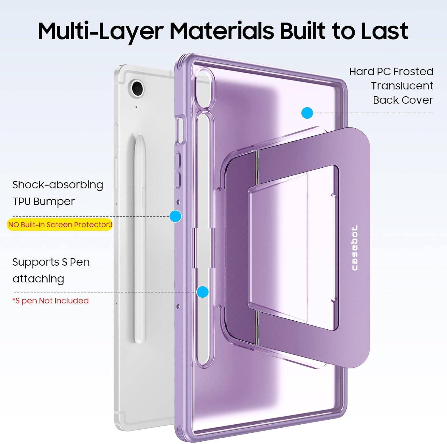 Multi-Layer Materials Built to Last

Hard PC Frosted Translucent Back Cover

Shock-absorbing TPU Bumper

NO Built-in Screen Protector!! Supports S Pen attaching

casebot
*S pen Not Included