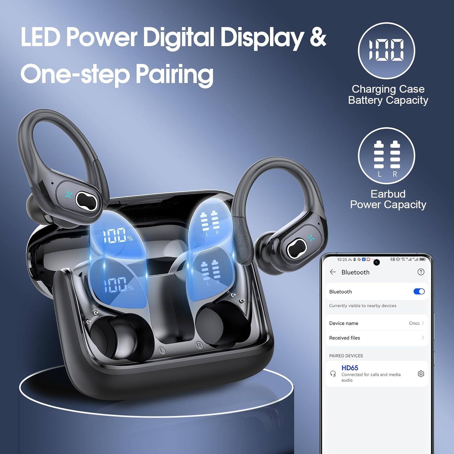LED Power Digital Display & One-step Pairing

1. Charging Case Battery Capacity
2. Earbud Power Capacity

Bluetooth
- Currently visible to nearby devices
- Device name: Crce
- Received files
- PAIRED DEVICES: HD65 (Connected for calls and media audio)