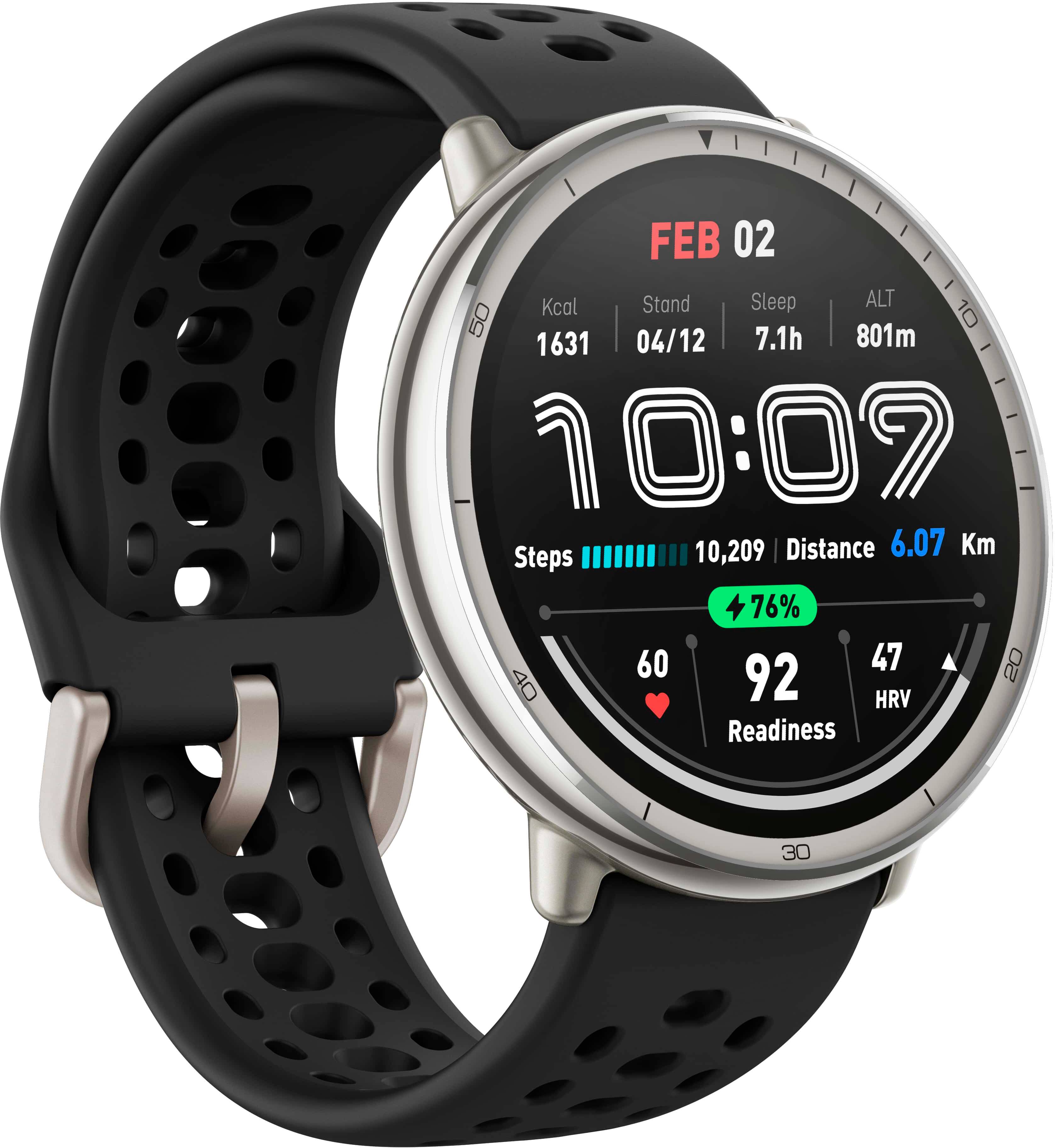 The image shows a watch displaying the time and some fitness-related information. The text on the image reads:

FEB 02 Kcal Stand Sleep ALT 50 L0 10 1631 04/12 7.1h 801m 10:09 10,209 | Distance 6.07 Km Steps 76% 60 47 20 40 92 HRV Readiness 30

This text provides information about the user's fitness activities, such as the number of steps taken, the distance covered, and the heart rate variability (HRV) readiness. The watch also displays the time and the date, which is February 2nd.