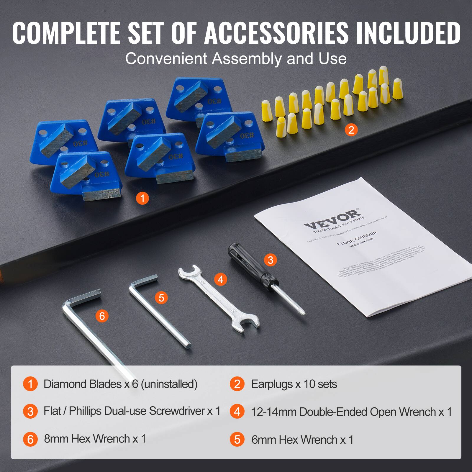 COMPLETE SET OF ACCESSORIES INCLUDED  
Convenient Assembly and Use

1. Diamond Blades x 6 (uninstalled)
2. Earplugs x 10 sets
3. Flat/Phillips Dual-use Screwdriver x 1
4. 12-14mm Double-Ended Open Wrench x 1
5. 6mm Hex Wrench x 1
6. 8mm Hex Wrench x 1
