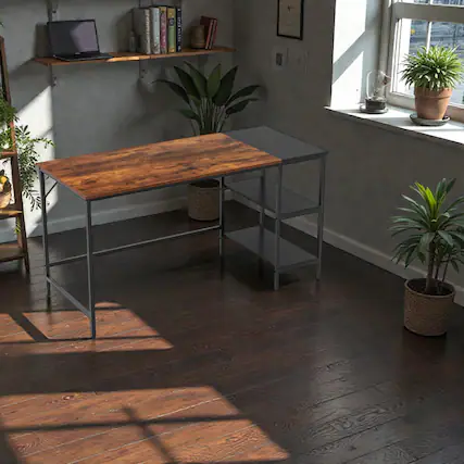 Front. Hivvago - Modern 55" Writing Desk with Industrial Accents and Built-In Storage Shelves - Rustic Brown.