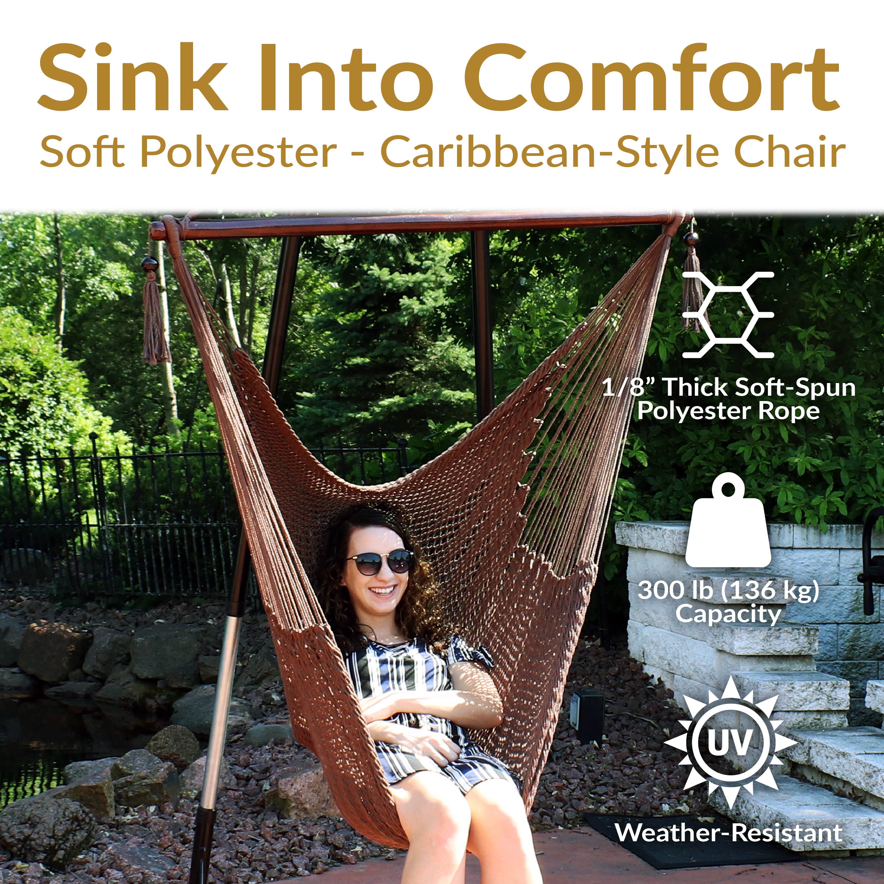 Sink Into Comfort  
Soft Polyester - Caribbean-Style Chair  

1/8" Thick Soft-Spun Polyester Rope  

300 lb (136 kg) Capacity  

UV Weather-Resistant