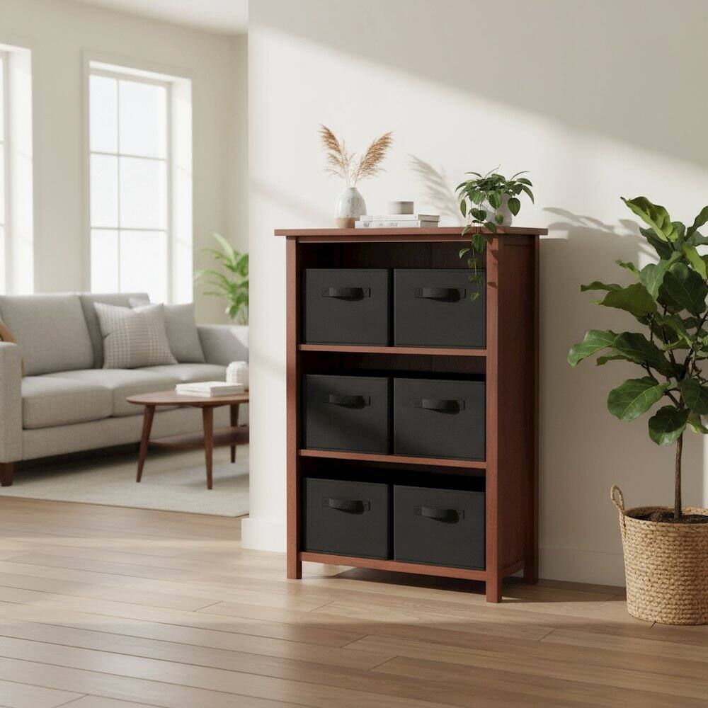 Alt View 1. FurniFact - 3-Section Storage Shelf with 6 Foldable Baskets - Walnut.