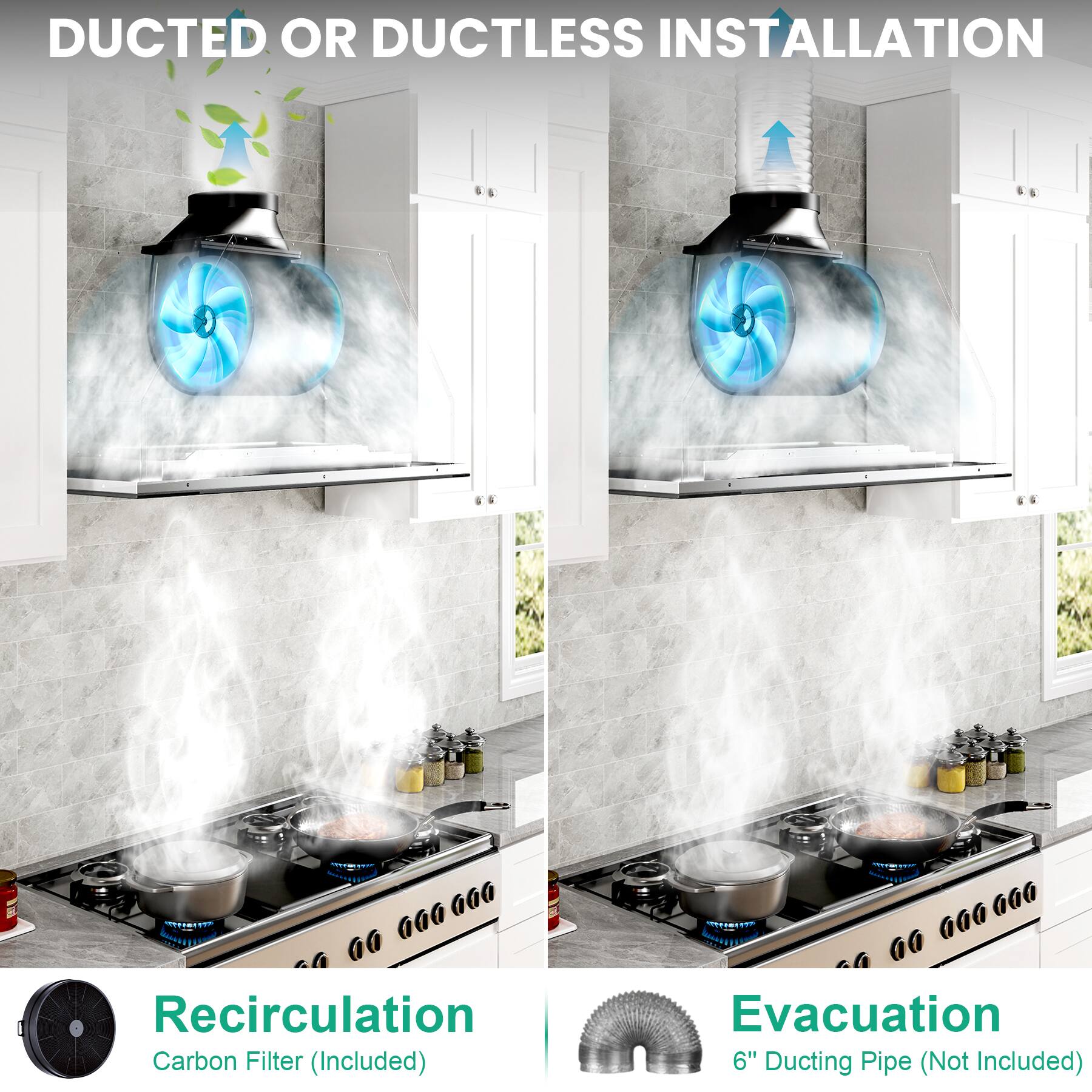 DUCTED OR DUCTLESS INSTALLATION

Recirculation
Carbon Filter (Included)

Evacuation
6" Ducting Pipe (Not Included)