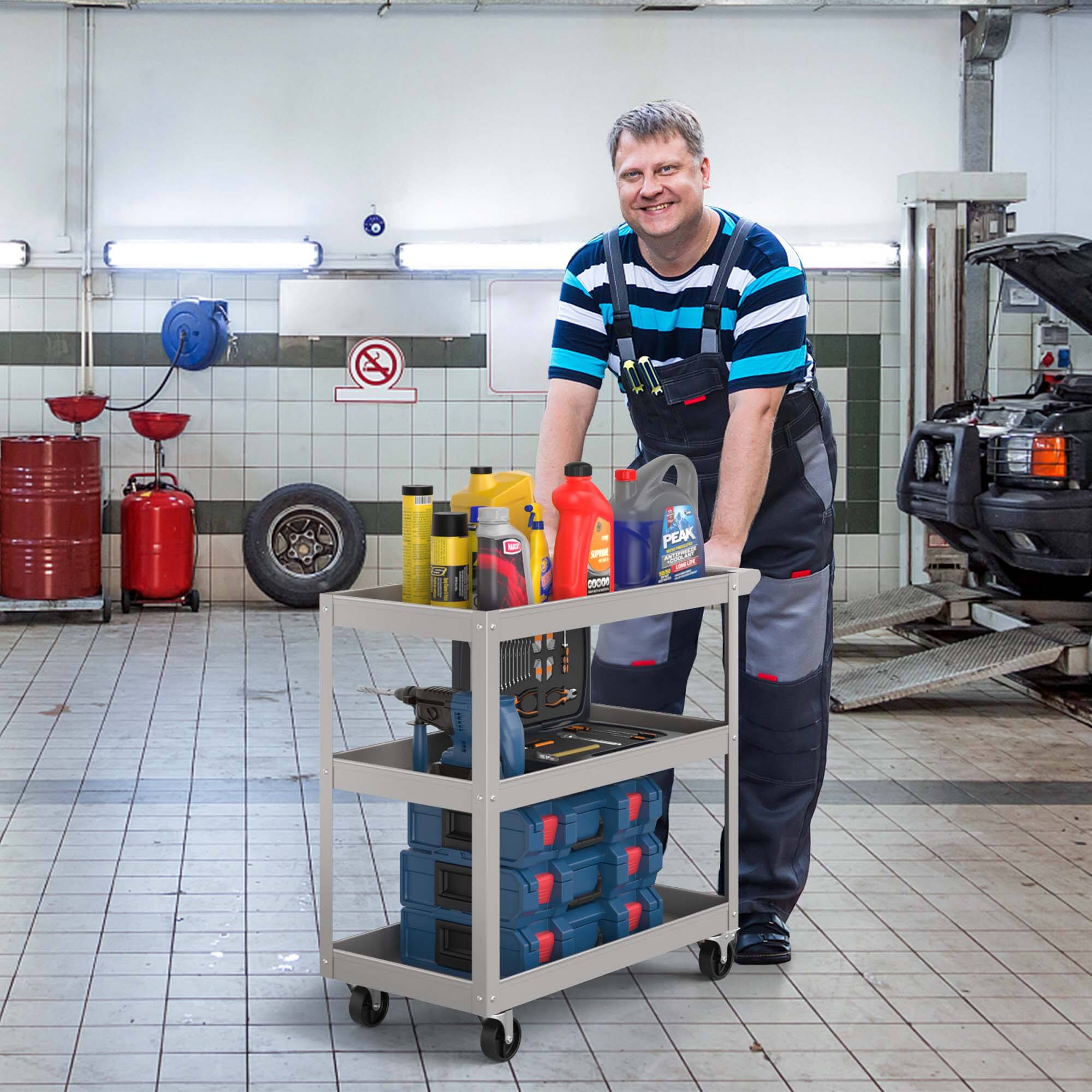 Alt View 1. Costway - Costway 3-Tier Metal Utility Cart 400 lbs Storage Service Trolley Tool Storage - Gray.