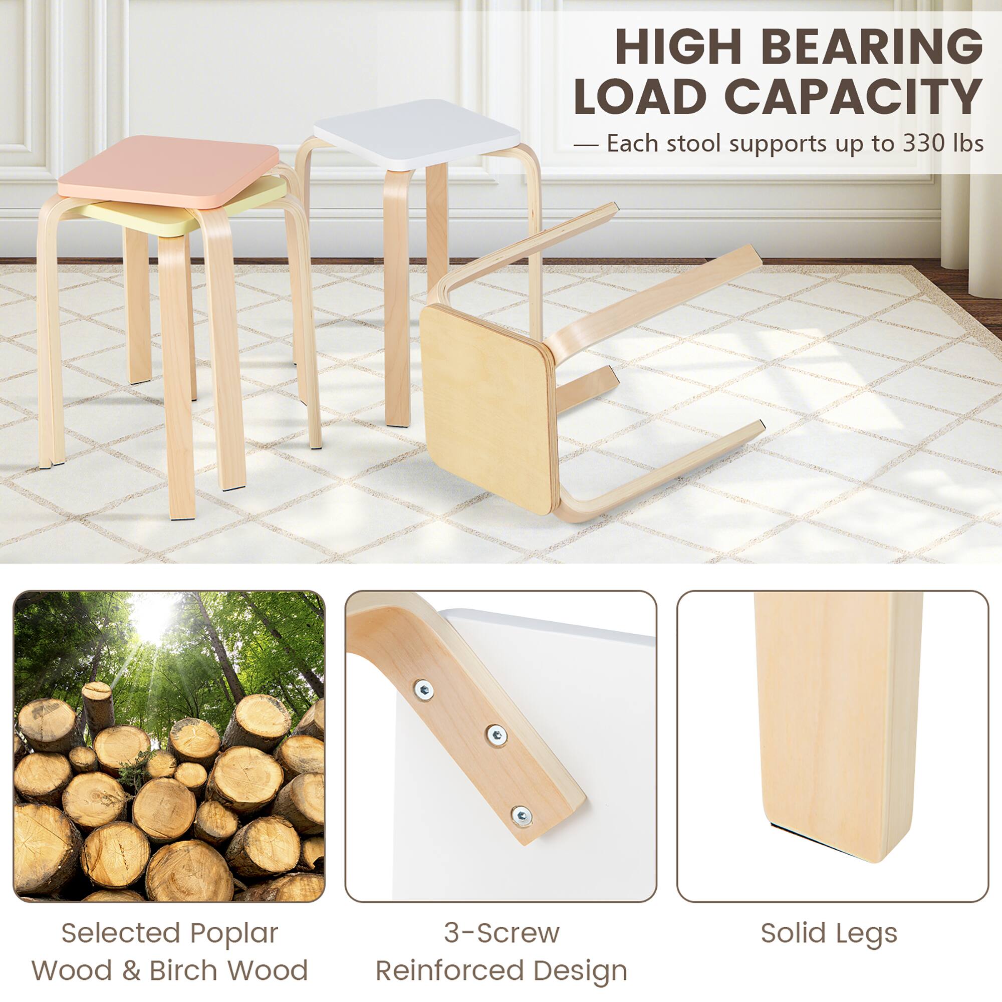 HIGH BEARING LOAD CAPACITY  
Each stool supports up to 330 lbs  

Selected Poplar Wood & Birch Wood  
3-Screw Reinforced Design  
Solid Legs