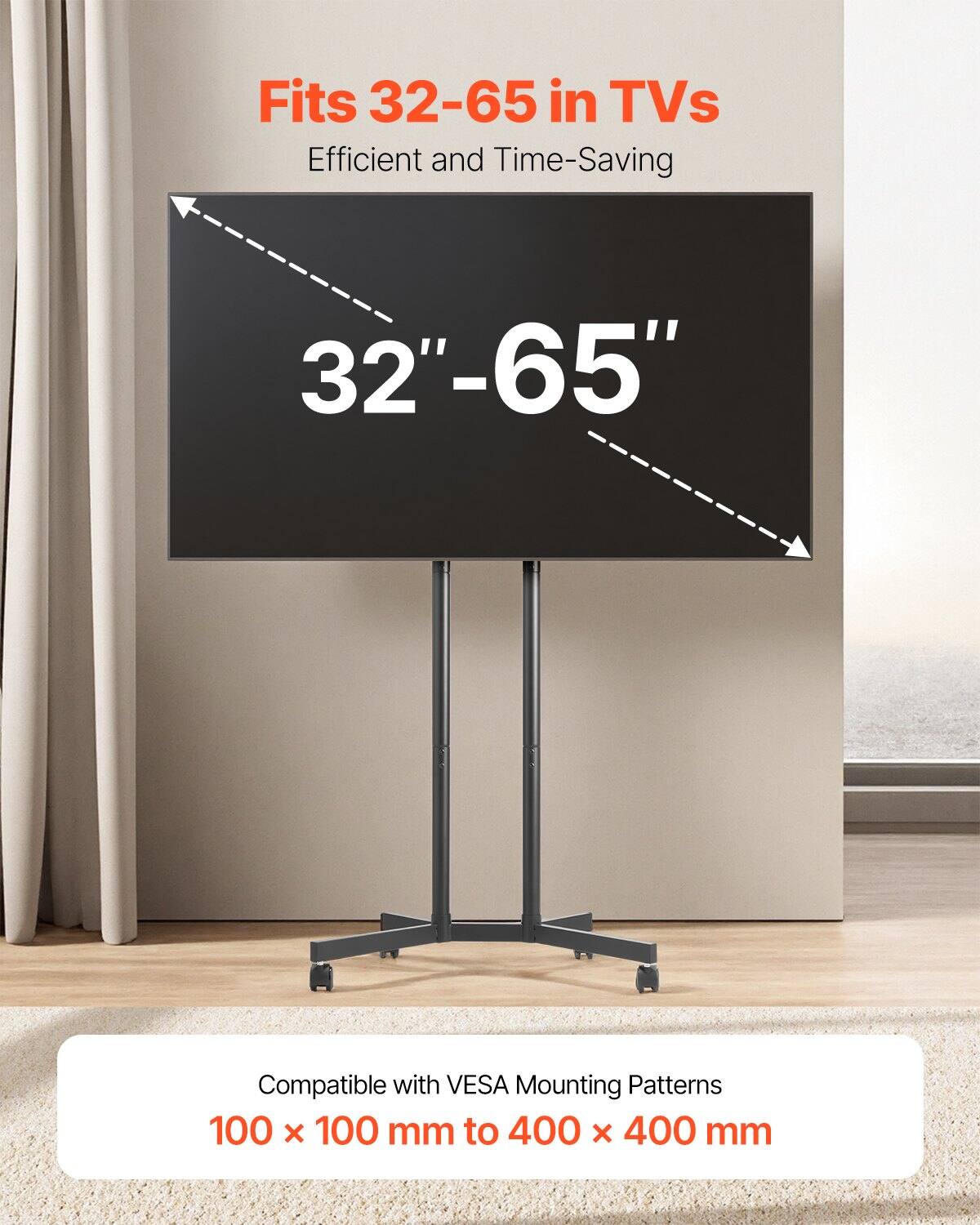 Fits 32-65 in TVs  
Efficient and Time-Saving  

32" - 65"  

Compatible with VESA Mounting Patterns  
100 x 100 mm to 400 x 400 mm
